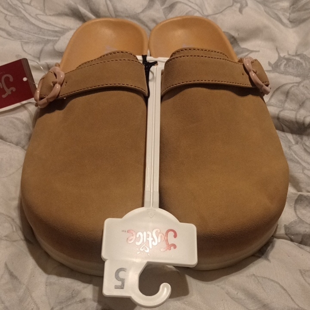 Justice Tan Slip-On Clogs with Pink Buckles